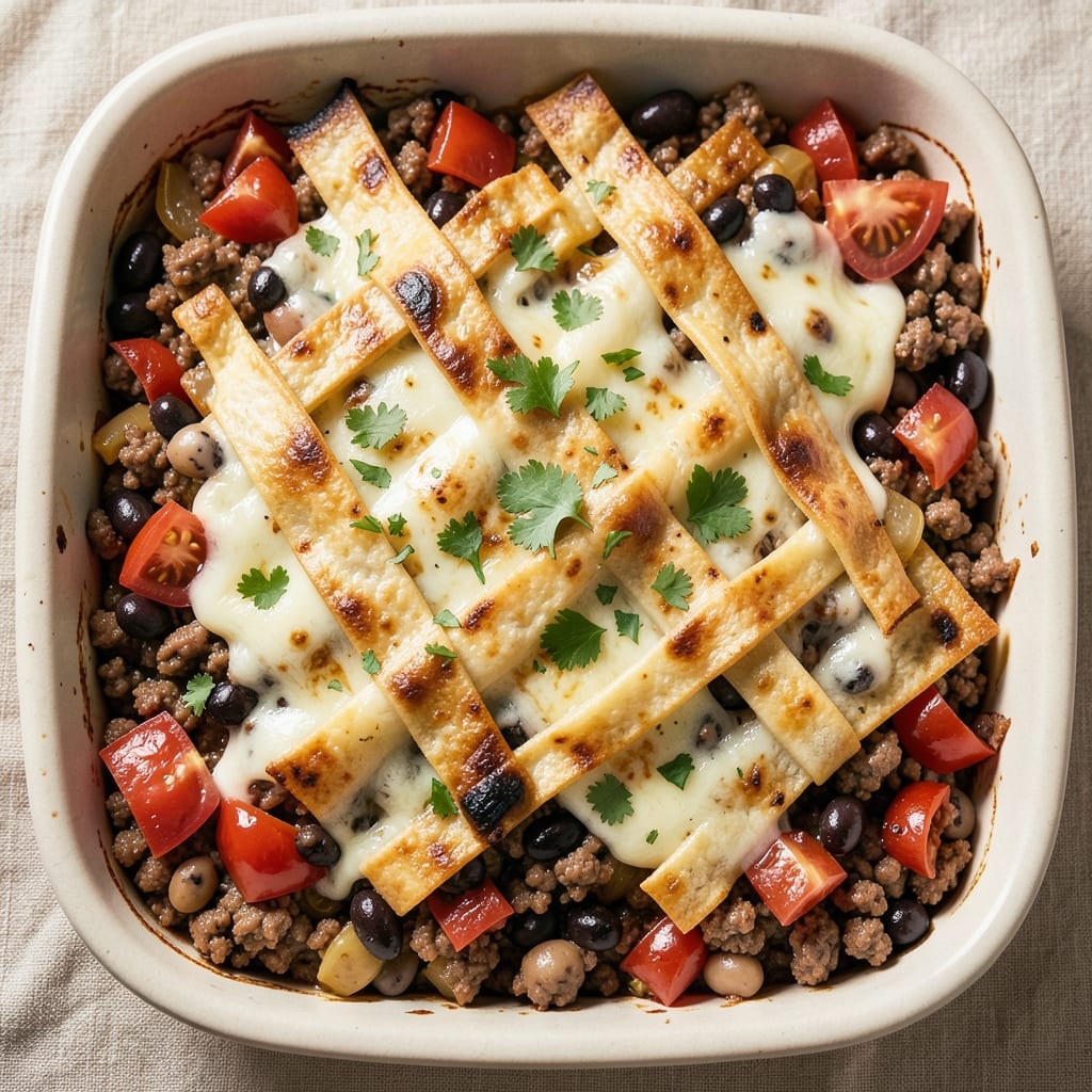 Beef and Bean Taco Casserole Recipe: Crispy Tortilla Top, Melty Cheese Layers