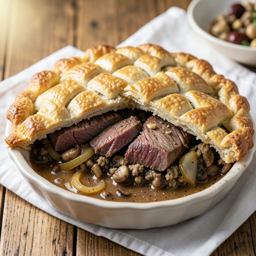 Beef and Mushroom Pie Recipe UK: Flaky Pastry Crust with Rich Meat Sauce