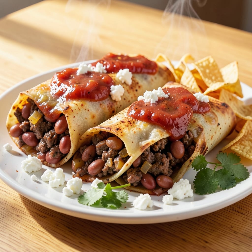 Beef and Bean Chimichanga Recipe: Crispy Tortilla Shells Stuffed With Smoky Beans and Tender Beef