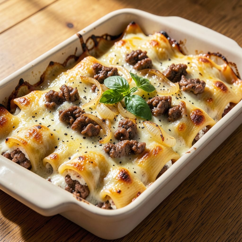 Beef and Cheese Manicotti Recipe: Baked Pasta Layers With Gooey Mozzarella and Parmesan